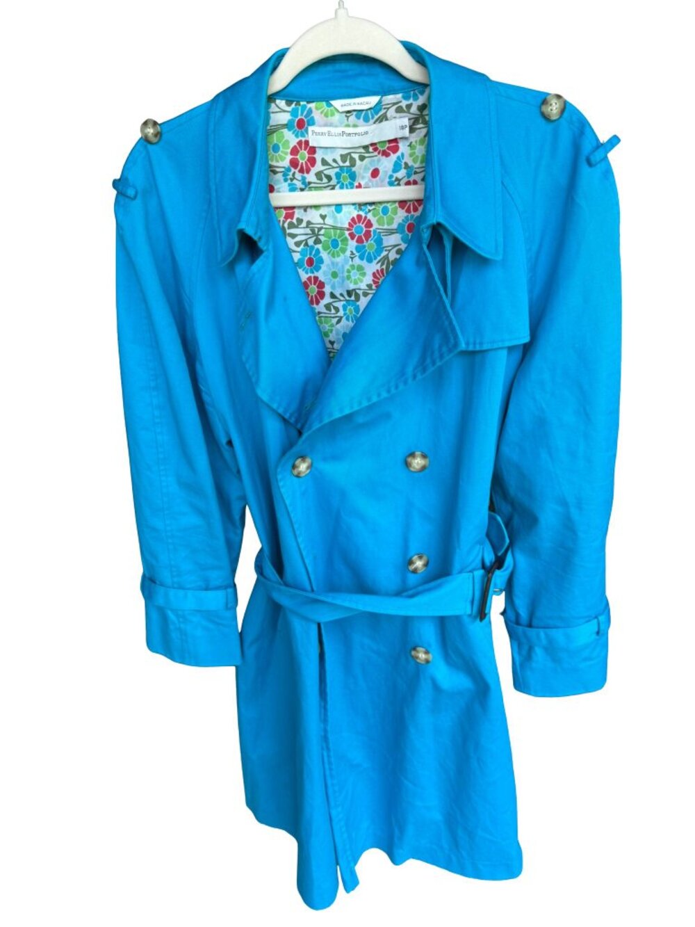 Vintage Coastal Chic Turquoise Trench Raincoat Floral Lining Perry Ellis Sz 18P